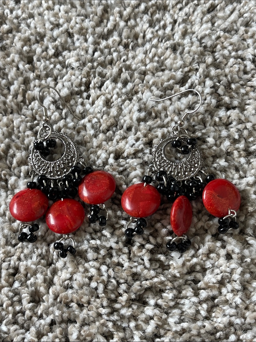 Red Beaded Dangle Earrings - Silver-tone Accents